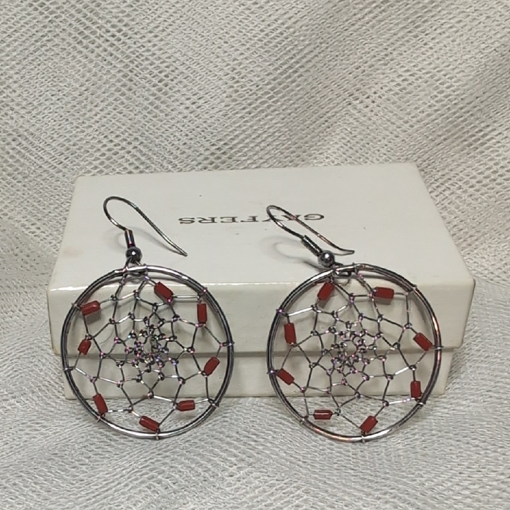 Vintage Dreamcatcher Earrings with Red Accents
